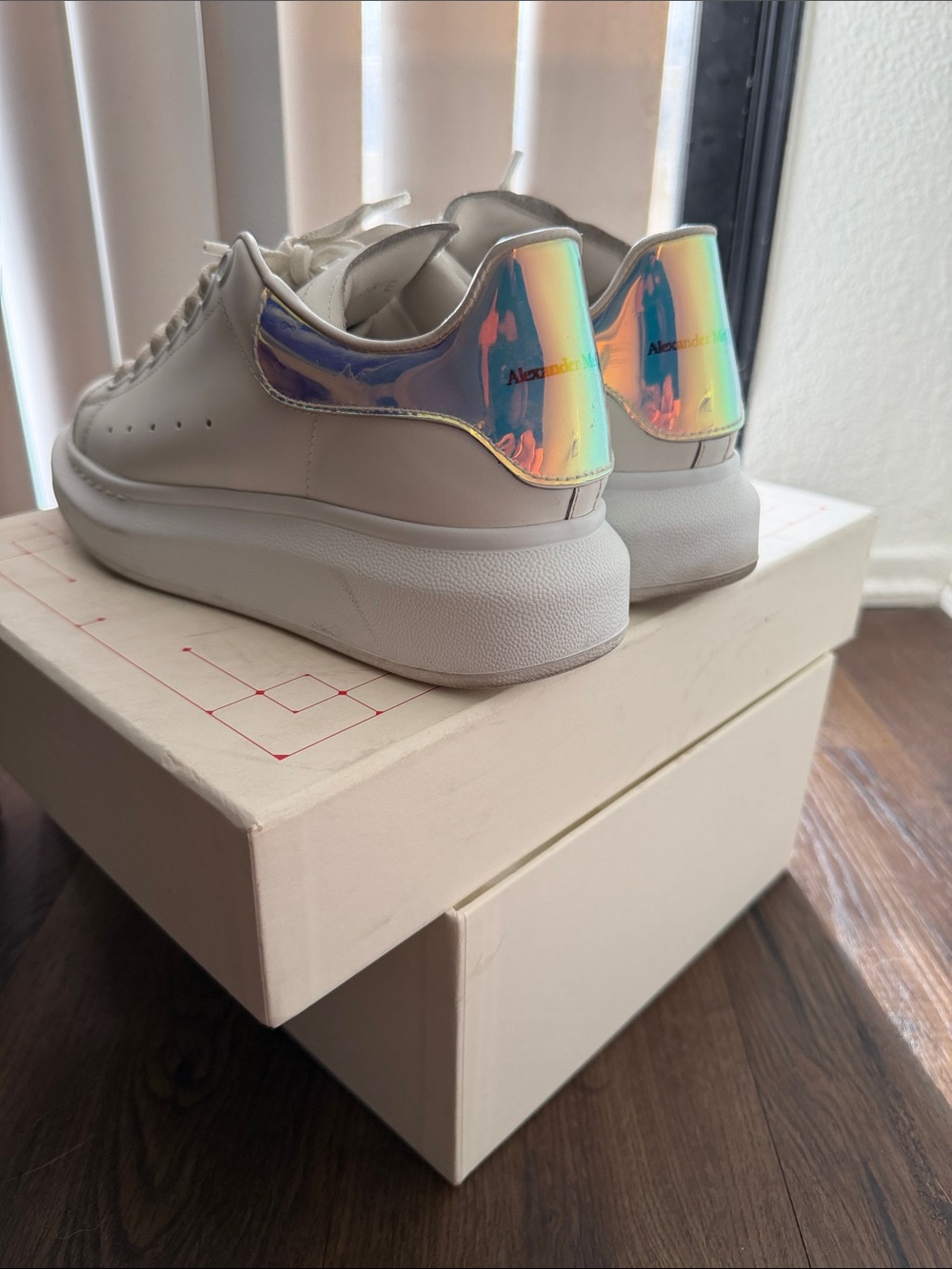 Alexander McQueen White Leather Sneakers with Iridescent Heel Tab